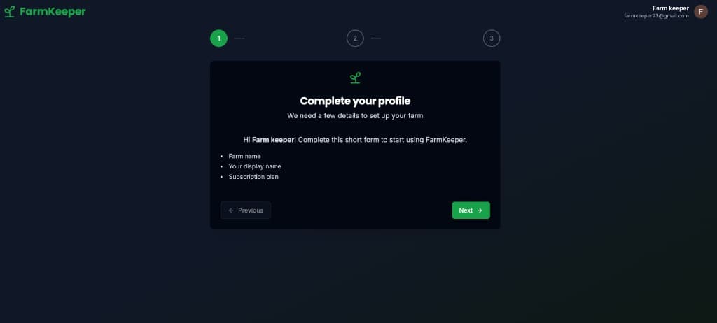 FarmKeeper Google first-time onboarding (step 1)