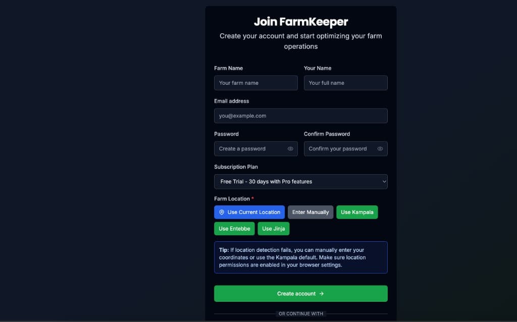 FarmKeeper signup flow form